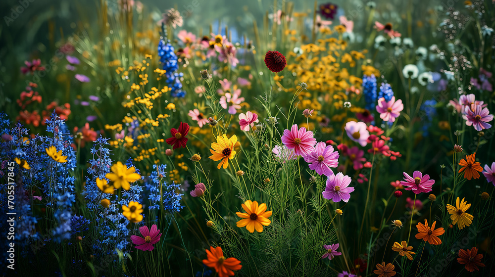 Obraz premium Vibrant Springtime Wildflower Field Bursting With Colorful Blooms