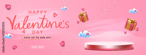 Valentines day sale banner background with product display.