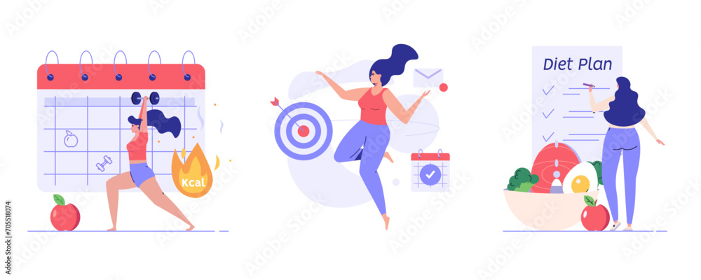 Fitness plan illustration set. Woman planning exercises with calendar ...