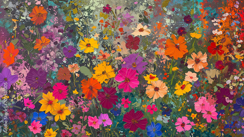 Colorful Flowers in Field Painting - Vibrant Nature Artwork