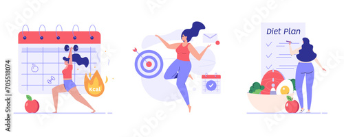 Fitness plan illustration set. Woman planning exercises with calendar and dumbbells. Exercise plan, personal training, balance diet. People control weight. Vector flat cartoon design for web banner