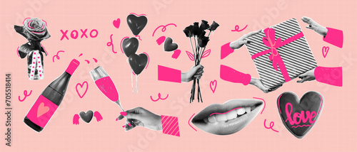 Halftone collage valentine day set with funky doodle shapes. Gift, rose, lips, wine, champagne, balloon. Trendy vector illustration