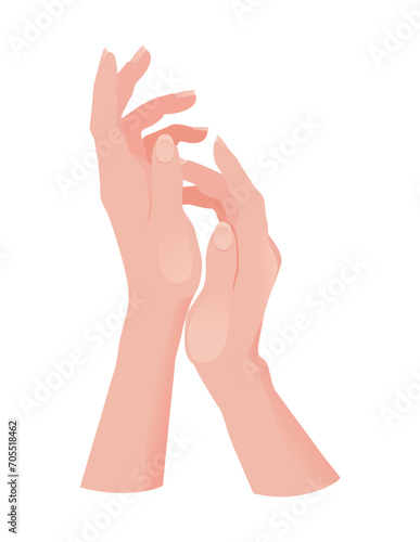 Beautiful female hands touching each other on a white background