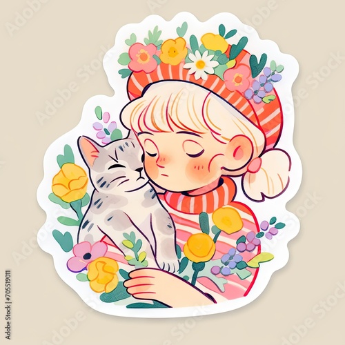 Happy woman holding a cat.Smiling girl hug fluffy pet. Ownership and friendship. Watercolor cartoon style clipart, print design, sticker. Love animals, love cat concept