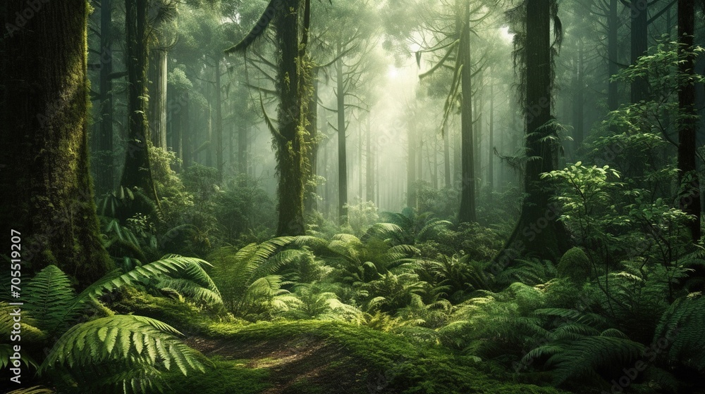 Obraz premium dark green forest with trees and moss in sunlight. fantasy landscape with fantasy trees Generative AI, AI Generated
