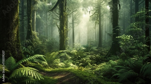 dark green forest with trees and moss in sunlight. fantasy landscape with fantasy trees Generative AI, AI Generated
