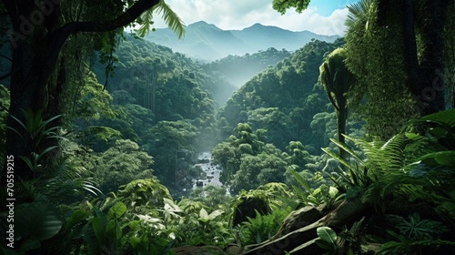 tropical rainforest with green trees and mountains Generative AI  AI Generated