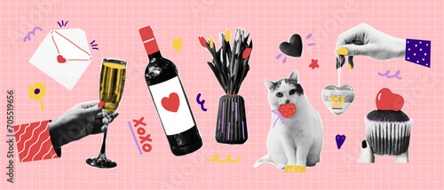 Valentine day halftone collage set with funky doodle shapes. Flower, bottle, cake, letter, champagne. Trendy vector illustration