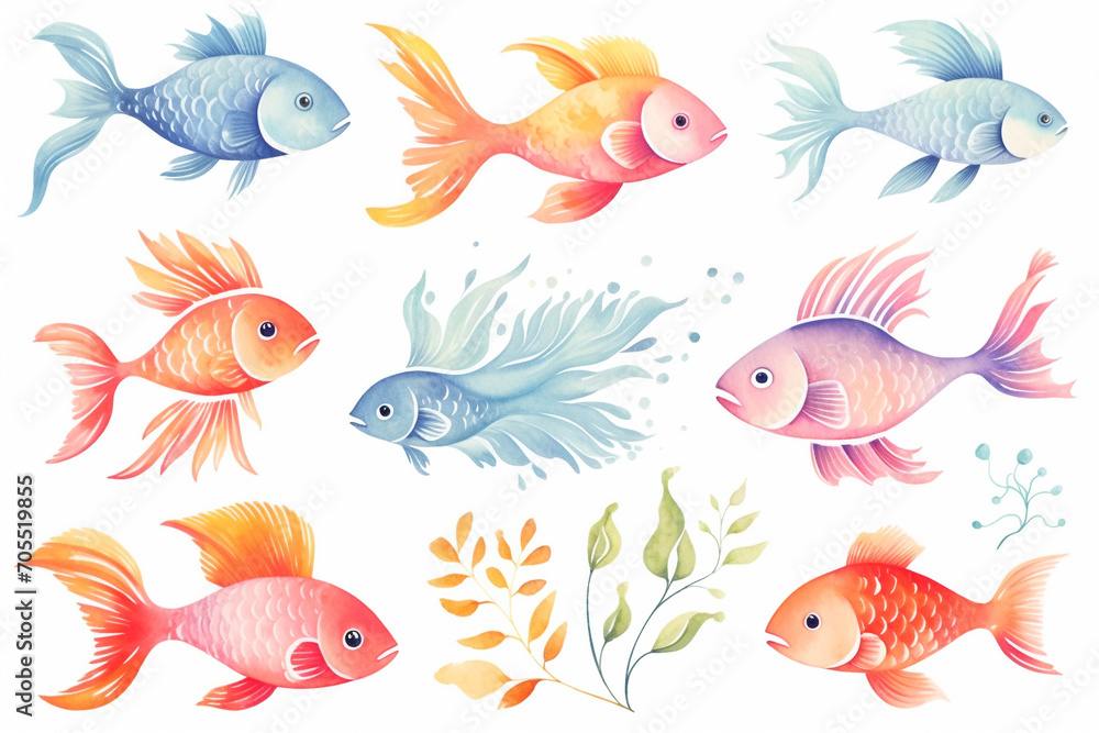 Set of watercolor paintings Goldfish on white background. 