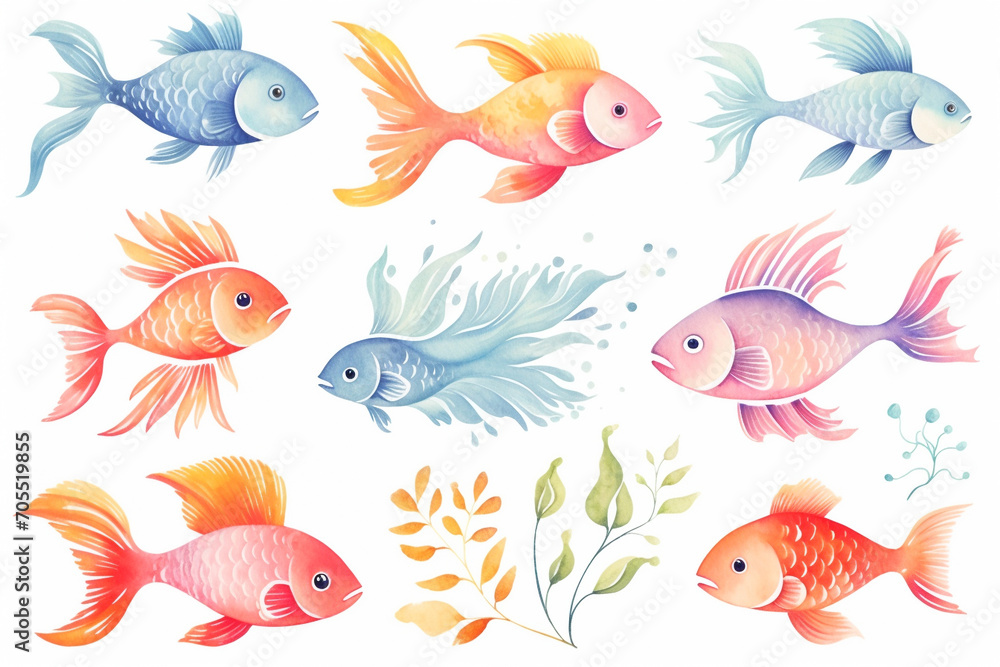 Naklejka premium Set of watercolor paintings Goldfish on white background.