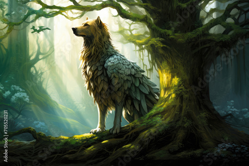 Artwork of Simargl, the Slavic mythical creature, half-dog and half-bird, guarding the sacred Tree of Life in a mystical grove