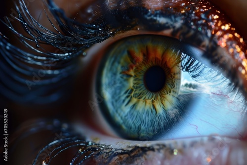 Close-up of a human eye with detailed iris patterns, highlighting natural beauty and complexity.