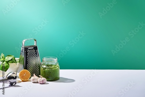 pesto sauce jar ingredients blender photo