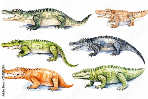 Set Of Watercolor paintings Crocodile on white background.  photo