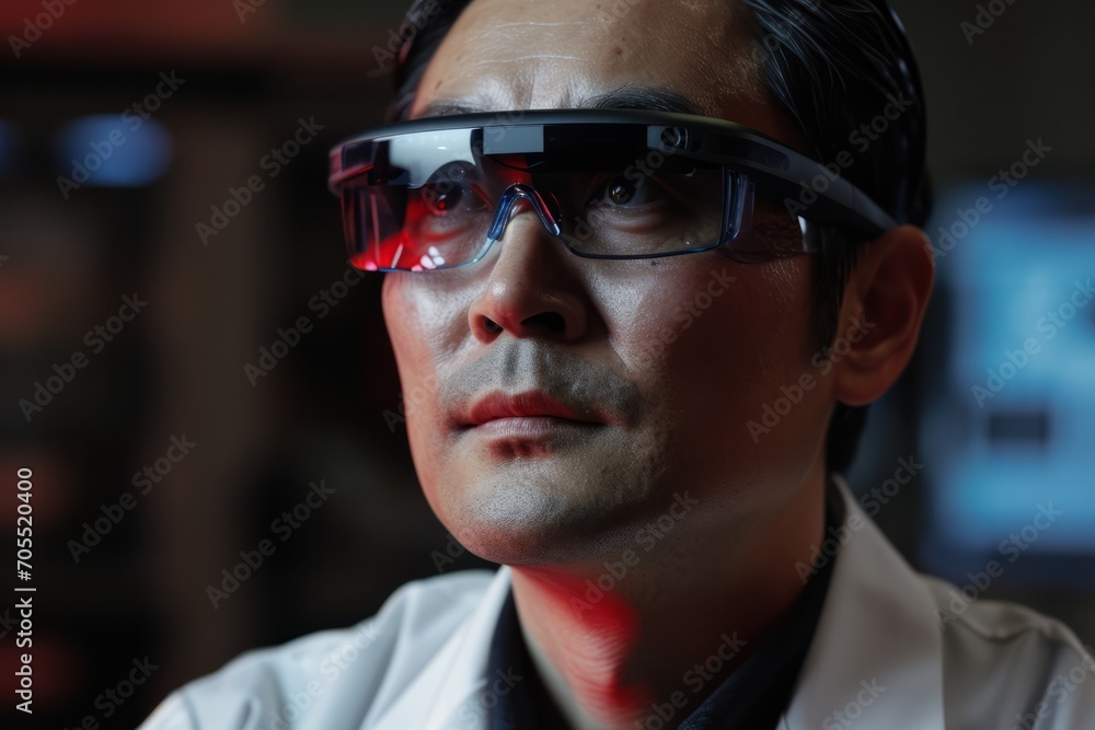 Fototapeta premium Asian man wearing augmented reality glasses with reflective colored lights on lenses.