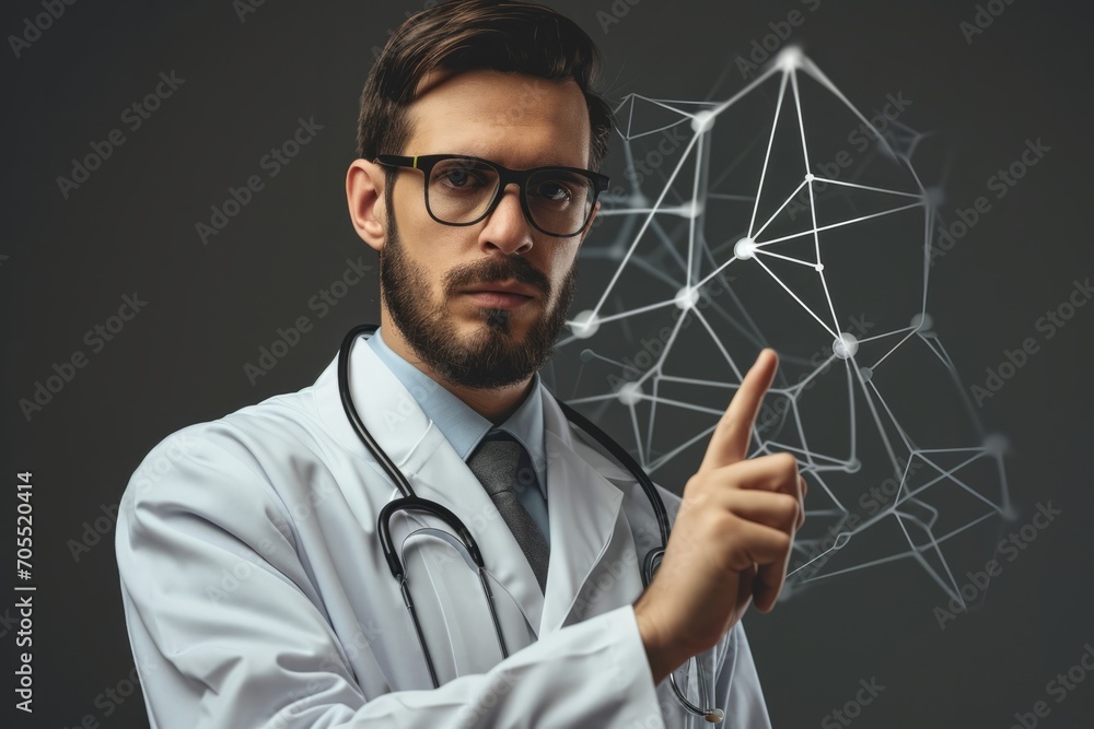 Doctor in lab coat with stethoscope pointing at a digital network structure on a dark background. Doctor in lab coat with stethoscope pointing at a digital network structure on a dark background.