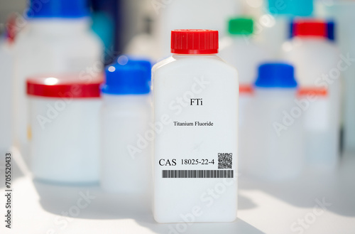 FTi titanium fluoride CAS 18025-22-4 chemical substance in white plastic laboratory packaging