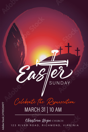Easter Sunday church banner template with nail cross. Celebrate the Resurrection, christian vector illustration for social media or poster