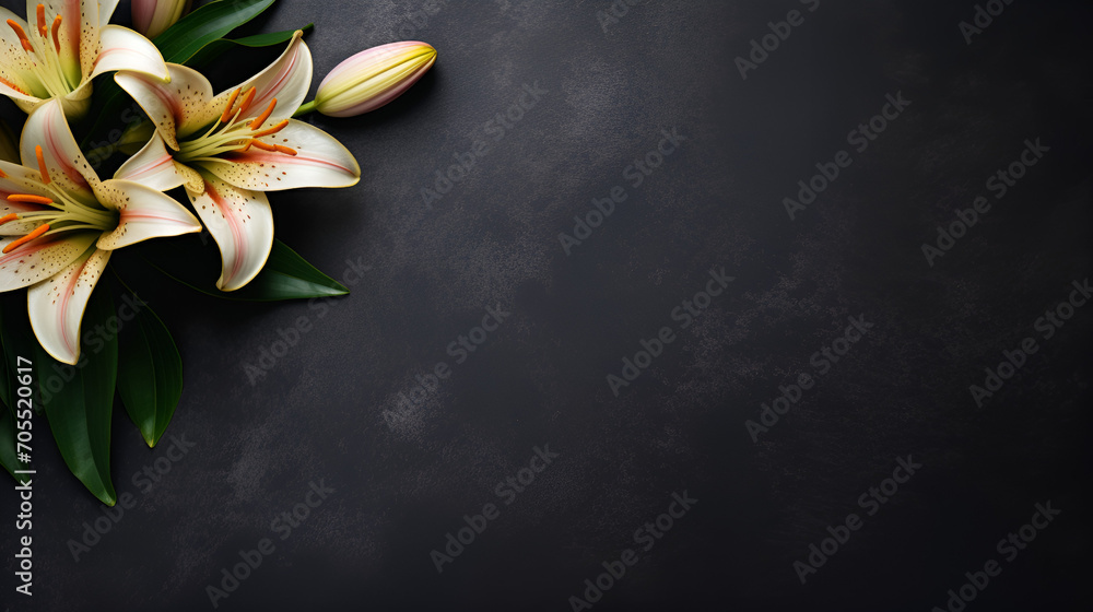 Lily's funeral flower on dark stone.Condolence card with copy space, generative ai - obrazy, fototapety, plakaty 