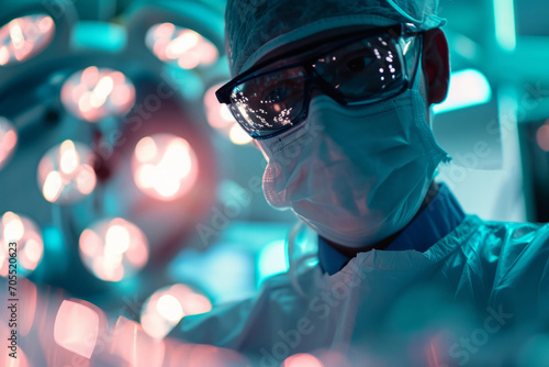 Surgeon in scrubs with protective glasses and mask in a blue-lit operating room, focused and ready for surgery.