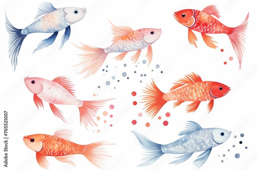 Fototapeta premium Set of watercolor paintings Koi fish on white background.