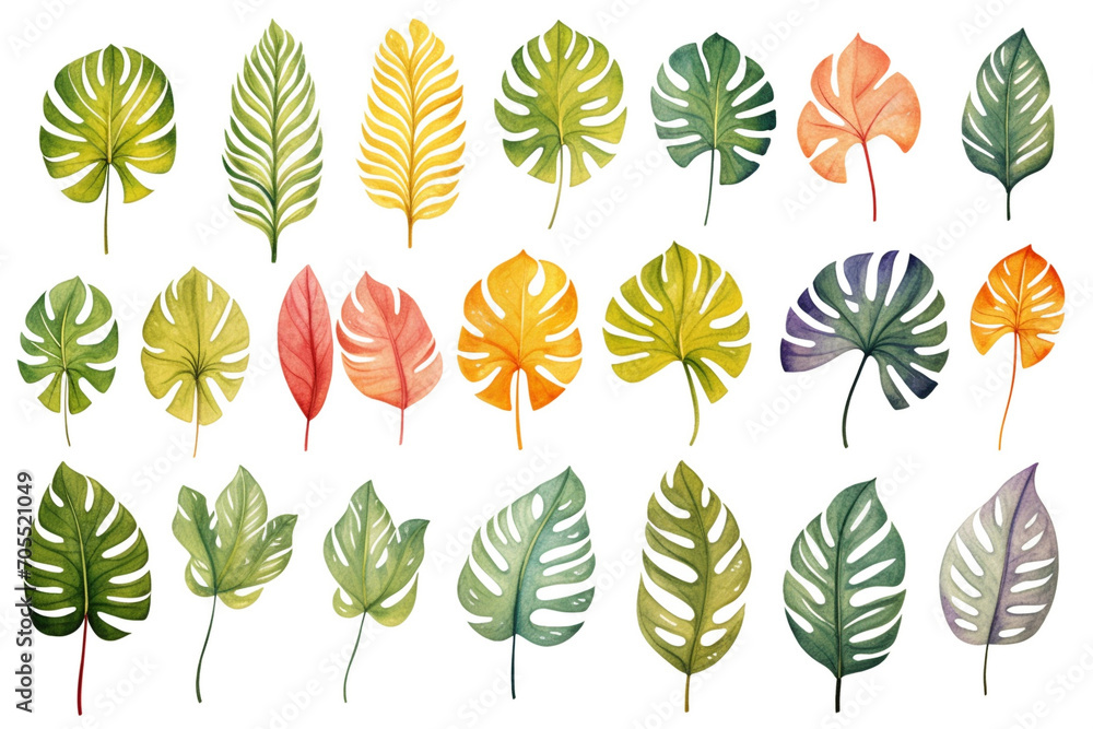 Fototapeta premium Watercolor set of tropical leaves on a white background. 