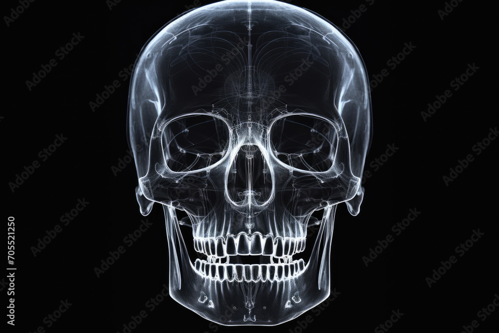 X-ray image of a human skull displayed on a light panel in a dark room
X-ray image of a human skull displayed on a light panel in a dark room