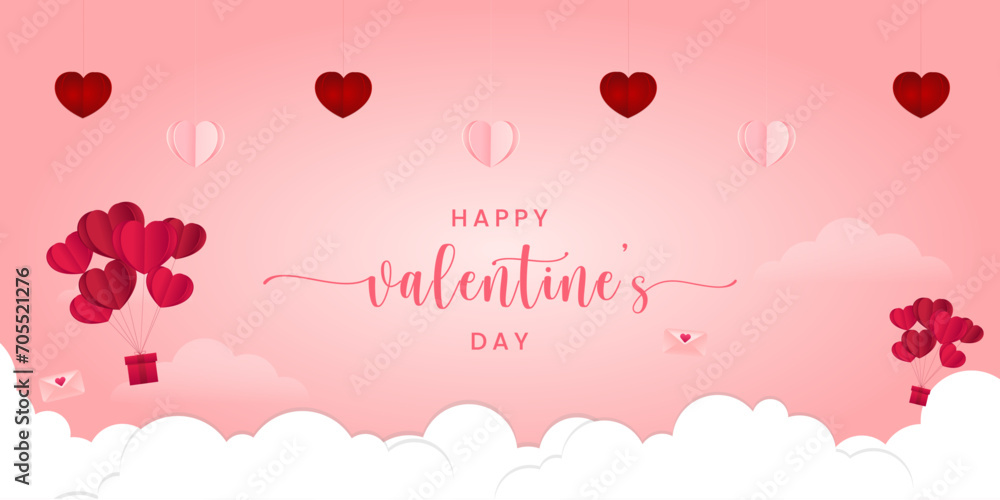 Valentines of paper craft design, contain pink hearts and clouds. Happy Valentine's Day text in middle. vector illustration.