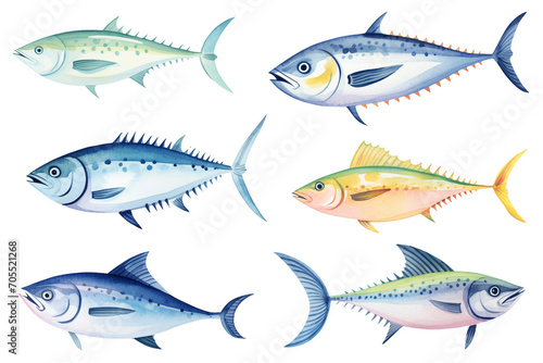 Set of watercolor paintings Tuna fish on white background.  photo