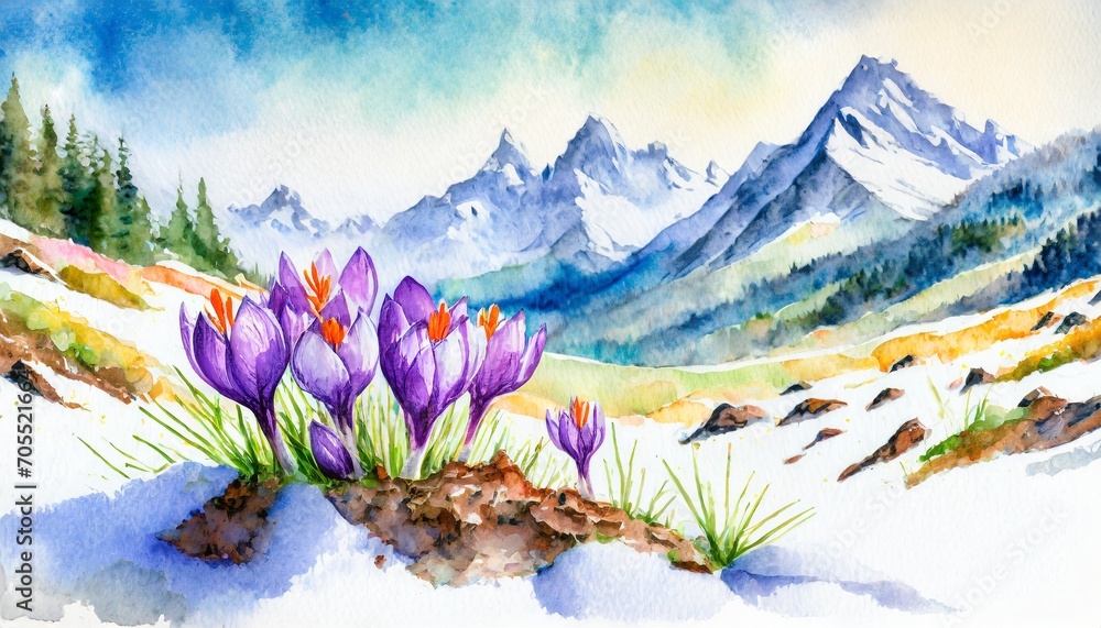 Wczesnowiosenny krajobraz z krokusami, słońcem i górami - obrazy, fototapety, plakaty 