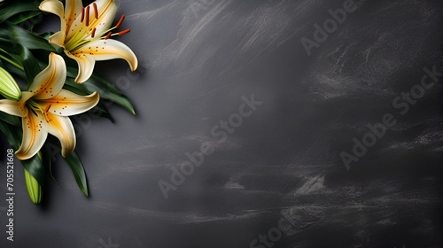 Lily's funeral flower on dark stone.Condolence card with copy space, generative ai photo