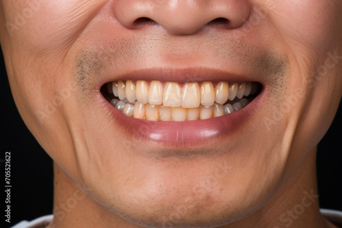Unhealthy teeth of a middle-aged Asian man with yellow plaque from smoking