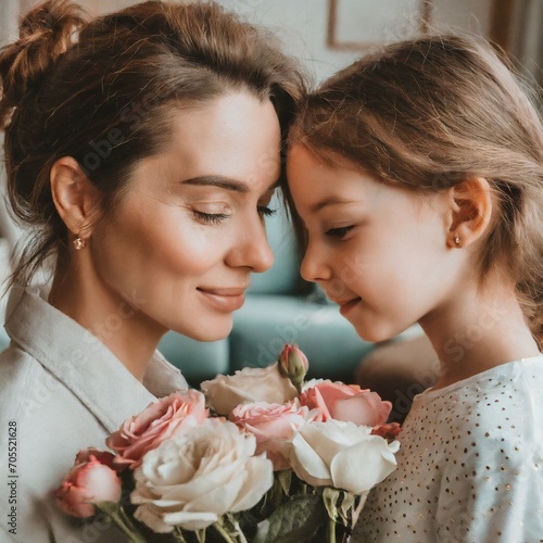 Córka wręczająca mamie kwiaty i przytulająca się do niej