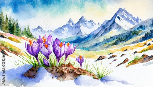 Wczesnowiosenny krajobraz z krokusami, słońcem i górami