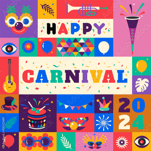 Happy Carnival  2024 colorful geometric background with splashes  speech bubbles  masks and confetti for cover, poster, social media template . vector illustration