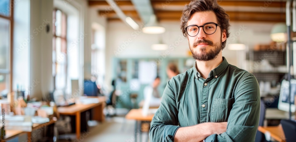 Obraz premium a young man in a creative office environment, horizontal background, copy space for text