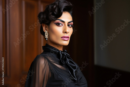 Portrait of a young transgender Hijra man in modern women's fusion wear, blending traditional and contemporary styles photo