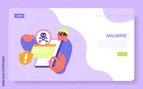 A tech-savvy individual confronts a dangerous skull symbol, representing the pervasive threat of malware, while a shield warns of system vulnerability. Vector flat illustration.