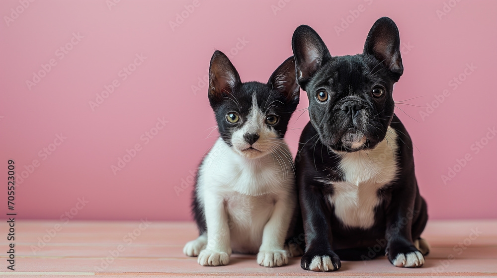 cute black and white dogs on a pink background