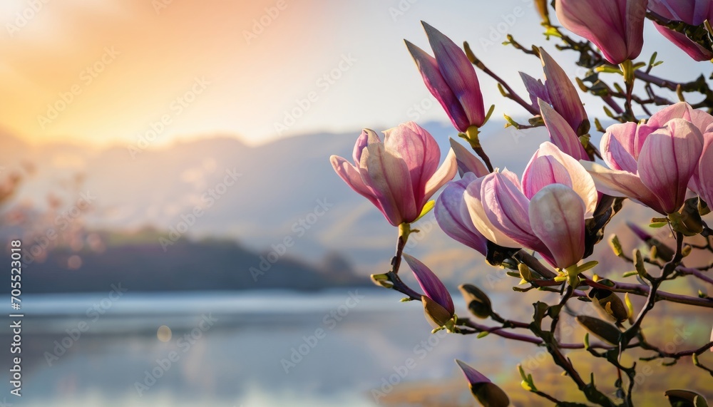 The first flowers of magnolia in early spring with copy space - obrazy, fototapety, plakaty 