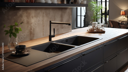 Black kitchen faucet with a white sink and green plant in a stylish modern kitchen