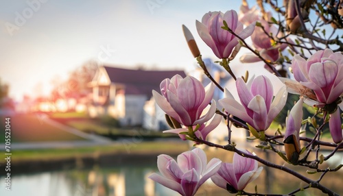 The first flowers of magnolia in early spring with copy space