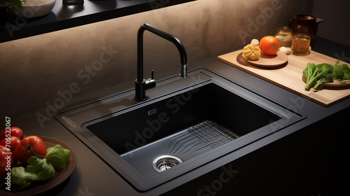 Black kitchen faucet with a white sink and green plant in a stylish modern kitchen