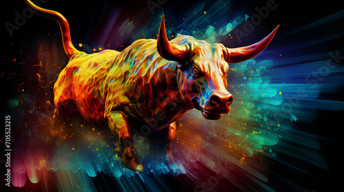 Angry Bull In Front Of Business Graph Chart Of Stock Market Investment Trading On Blue Background. Bullish Point  Trend Of Graph. Eps10 Vector Illustration.