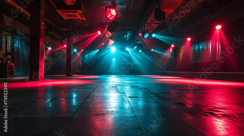 Empty night club stage illuminated with red and blue spotlights