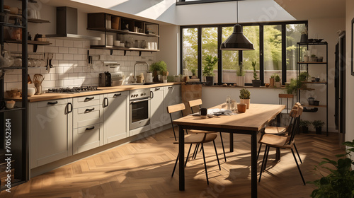 Small kitchen with wooden flooring and a light fixture, in the style of rug, tagging and marking style, light white and light black, domesticity photo