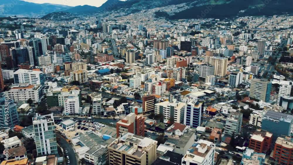 Drone pan shot from the air over the city center of Quito, Ecuador. San Francisco de Quito, is the capital of Ecuador. The metropolitan city. Drone pan shot from the air over the city center of Quito, Ecuador. San Francisco de Quito, is the capital of Ecuador. The metropolitan city.