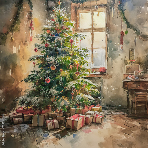 Vintage watercolor drawing of Christmas tree.
