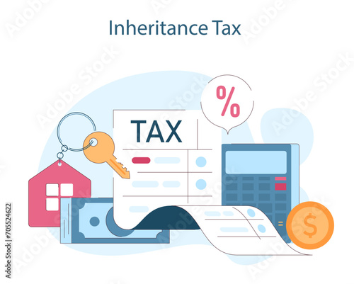 Inheritance tax. An illustration simplifying tax calculations on estate assets, with symbols representing home ownership and financial responsibilities. Flat vector illustration