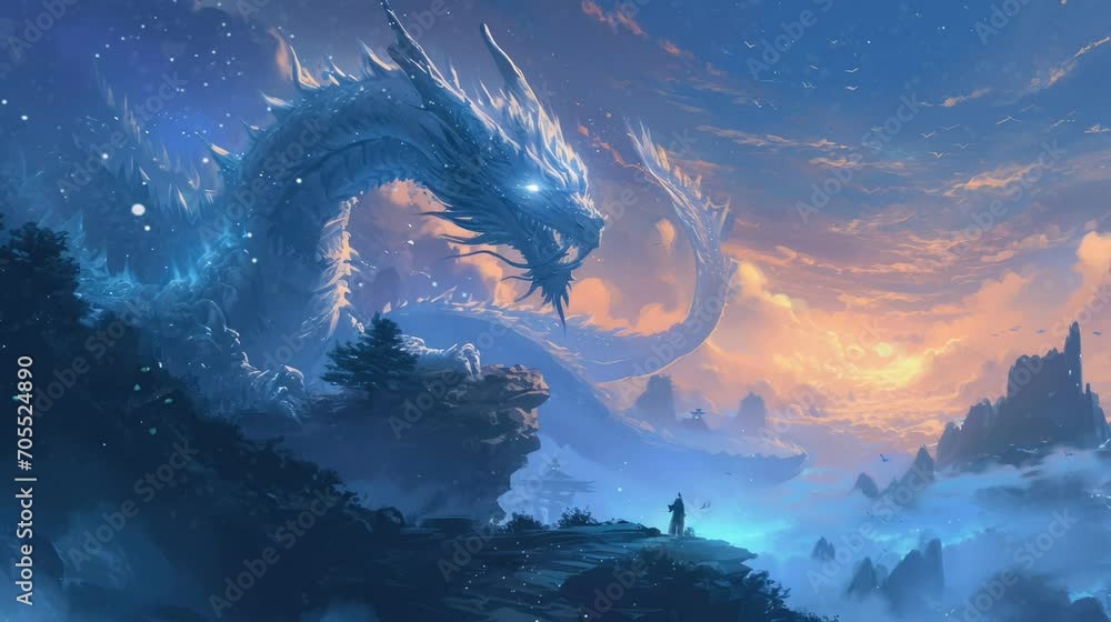 a hero who challenges the legendary blue dragon with beautiful views. seamless looping time-lapse virtual video Animation Background.	